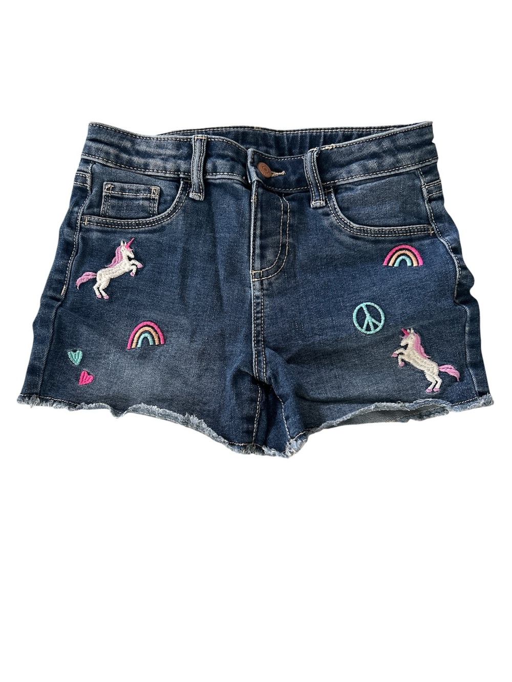 jumping beans Blue Denim Shorts with Unicorn, Rainbow & Peace Patch Accents